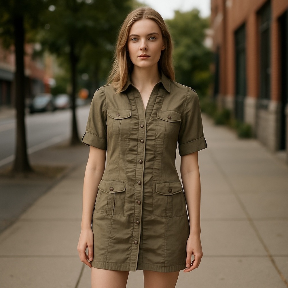 Poetry Clothing Womens Shirt Dress Sz S Army Green Shirred Bodice Ruched Buttons